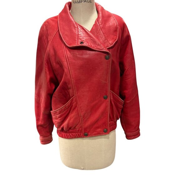 VTG LNR for Nordstrom Red Leather Batwing Jacket - Women's XS - Picture 1 of 6
